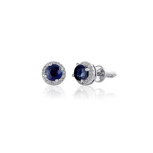 Claw Set Round Brilliant Cut Blue Sapphire & Micro Set Diamond Halo Earrings