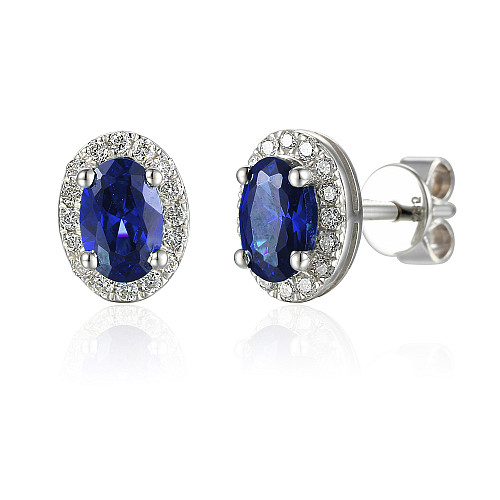 Claw Set Round Brilliant Cut Blue Sapphire & Micro Set Diamond Halo Earrings