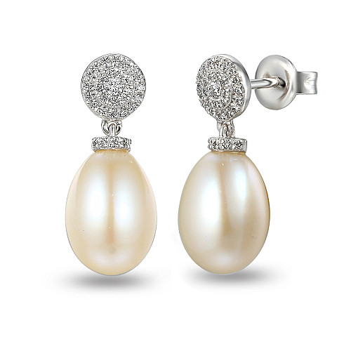 Claw Set Round Pearl With Micro Set Round Brilliant Cut Diamond Drop Earrings