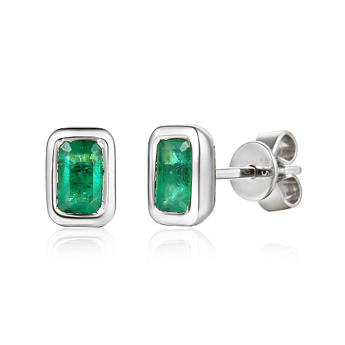 Rubover Set Radiant Cut Emerald Stud Earrings