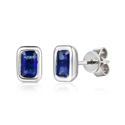 Rubover Set Radiant Cut Blue Sapphire Stud Earrings