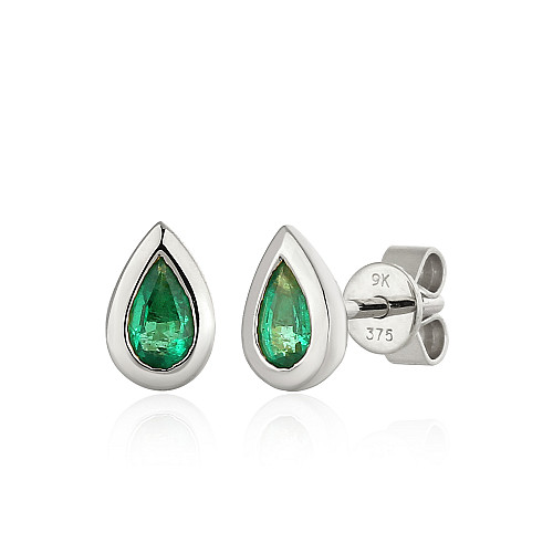 Rubover Set Pear Shape Cut Emerald Stud Earrings