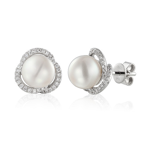 Claw Set Round Pearl With Micro Set Round Brilliant Cut Diamond Halo Earrings