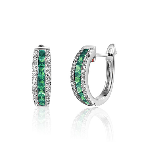 Channel Set Princess Cut Emerald With Micro Set Round Brilliant Cut Diamond Hoop Earrings