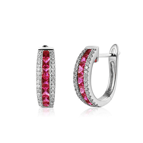 Channel Set Princess Cut Ruby With Micro Set Round Brilliant Cut Diamond Hoop Earrings