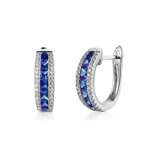 Channel Set Princess Cut Blue Sapphire With Micro Set Round Brilliant Cut Diamond Hoop Earrings