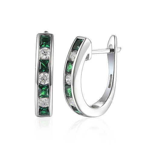 Channel Set Princess Cut Emerald & Round Diamond Huggie Hoop Earrings