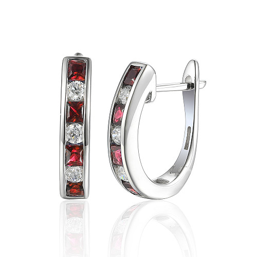 Channel Set Princess Cut Ruby & Round Diamond Huggie Hoop Earrings