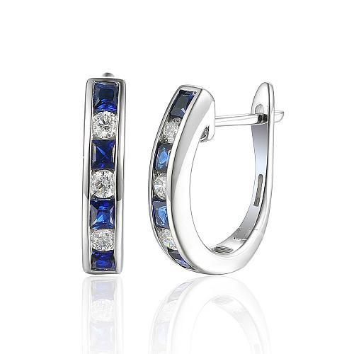 Channel Set Princess Cut Sapphire & Round Diamond Huggie Hoop Earrings