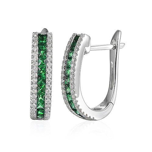 Channel Set Princess Cut Emerald & Round Diamond Hoop Earrings