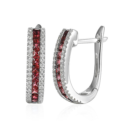 Channel Set Princess Cut Ruby & Round Diamond Hoop Earrings