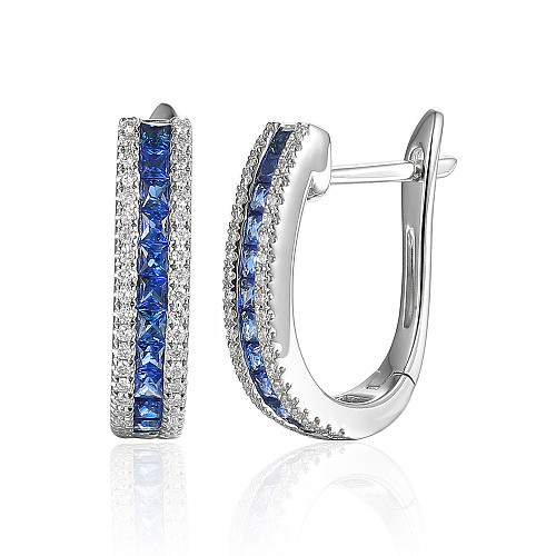 Channel Set Princess Cut Sapphire & Round Diamond Hoop Earrings