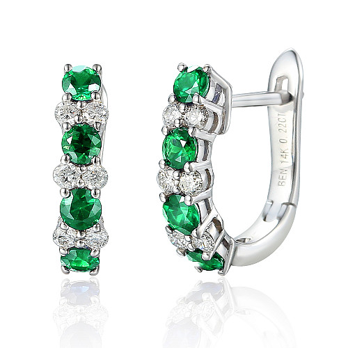 Claw Set Round Brilliant Cut Emerald And Diamond Hoop Earrings