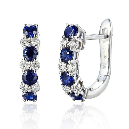 Claw Set Round Brilliant Cut Blue Sapphire And Diamond Hoop Earrings