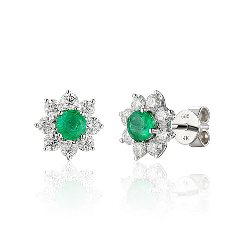 Claw Set Round Brilliant Cut Emerald And Diamond Halo Cluster Earrings