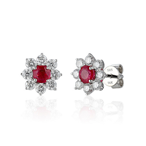 Claw Set Round Brilliant Cut Ruby And Diamond Halo Cluster Earrings