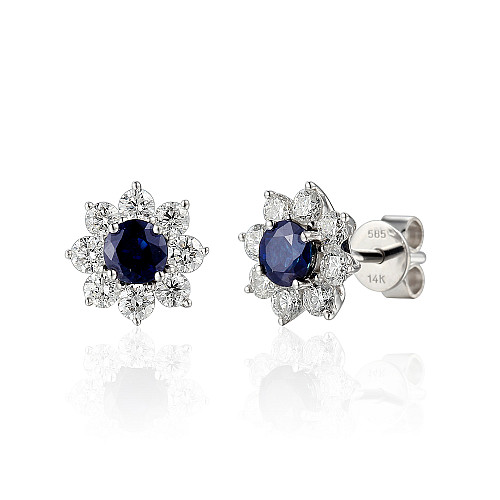 Claw Set Round Brilliant Cut Blue Sapphire And Diamond Halo Cluster Earrings