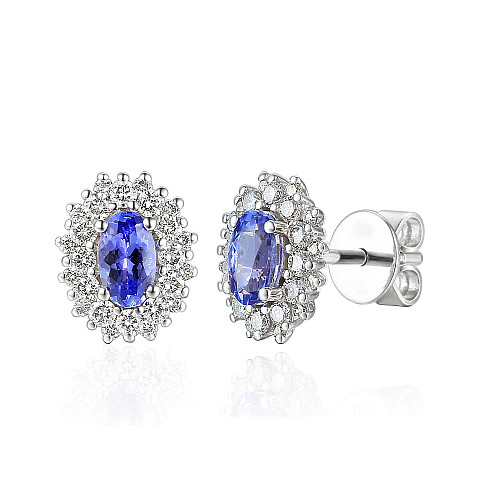 Claw Set Oval Cut Tanzanite And Round Brilliant Cut Diamond Cluster Earrings
