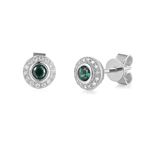 Rubover Set Round Emerald & Diamond Halo Stud Earrings