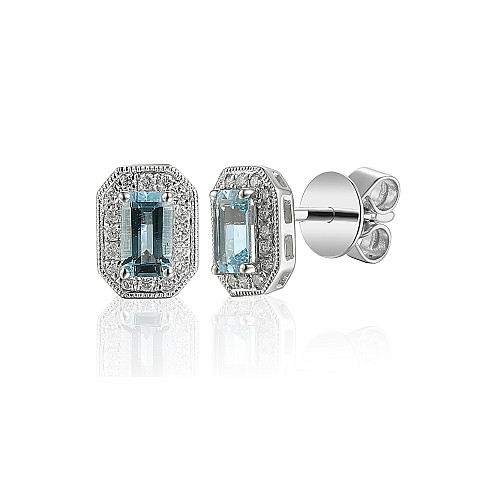 Claw Set Emerald Cut Aquamarine With Micro Set Round Brilliant Cut Diamond Halo Earrings