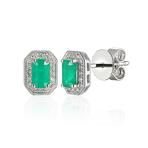 Claw Set Emerald Cut Emerald With Micro Set Round Brilliant Cut Diamond Halo Earrings