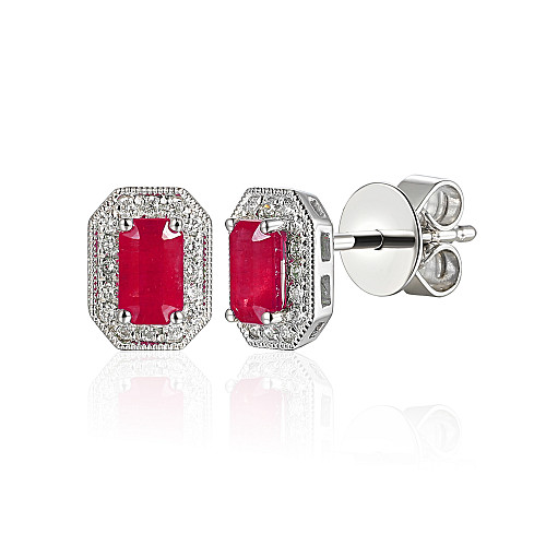 Claw Set Emerald Cut Ruby With Micro Set Round Brilliant Cut Diamond Halo Earrings