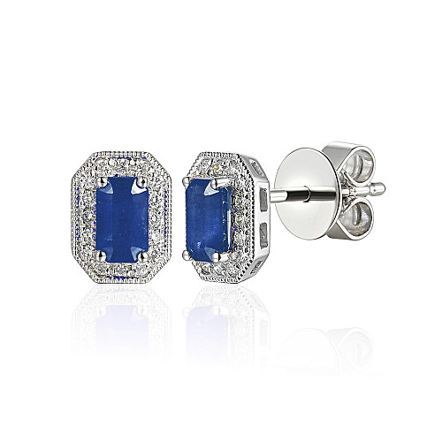 Claw Set Emerald Cut Sapphire With Micro Set Round Brilliant Cut Diamond Halo Earrings