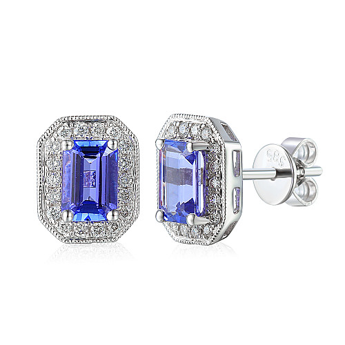 Claw Set Emerald Cut Tanzanite With Micro Set Round Brilliant Cut Diamond Halo Earrings