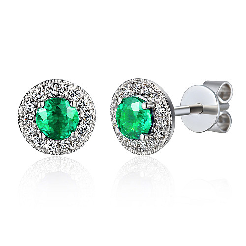 Claw Set Round Brilliant Cut Emerald & Micro Set Diamond Halo Earrings