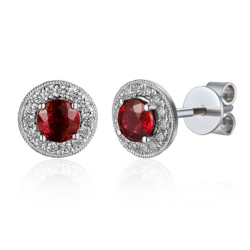 Claw Set Round Brilliant Cut Ruby & Micro Set Diamond Halo Earrings