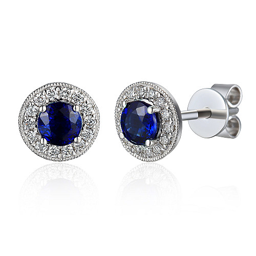 Claw Set Round Brilliant Cut Blue Sapphire & Micro Set Diamond Halo Earrings