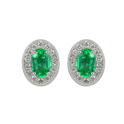 Claw Set Oval Cut Emerald With Micro Set Round Brilliant Cut Diamond Halo Earrings