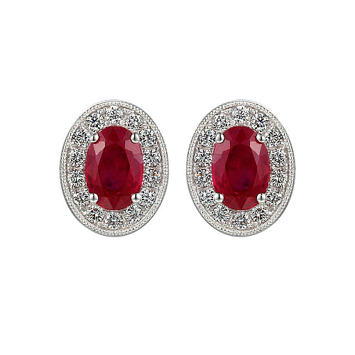 Claw Set Oval Cut Ruby With Micro Set Round Brilliant Cut Diamond Halo Earrings
