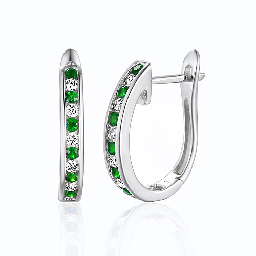 Channel Set Round Brilliant Cut Emerald And Diamond Hoop Earrings