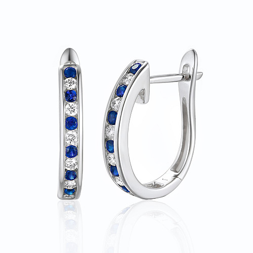 Channel Set Round Brilliant Cut Blue Sapphire And Diamond Hoop Earrings