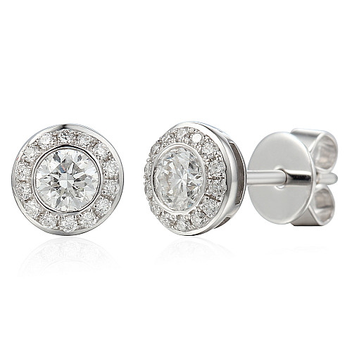 Round Brilliant Cut Rubover Set Diamond With Micro Set Halo Earrings