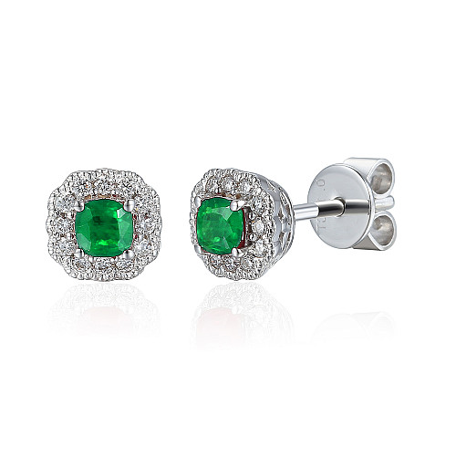 Claw Set Cushion Cut Emerald And Round Brilliant Cut Diamond Halo Earrings