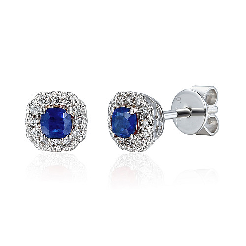 Claw Set Cushion Cut Blue Sapphire And Round Brilliant Cut Diamond Halo Earrings