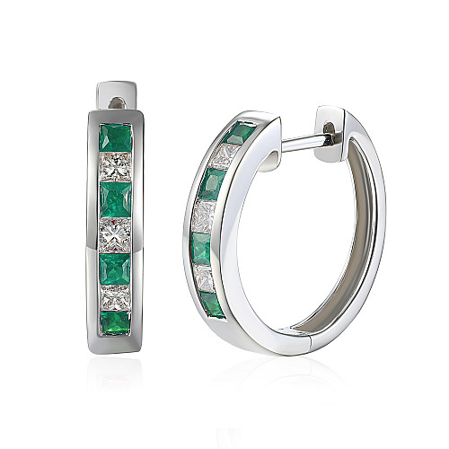Channel Set Princess Cut Emerald & Diamond Hoop Earrings