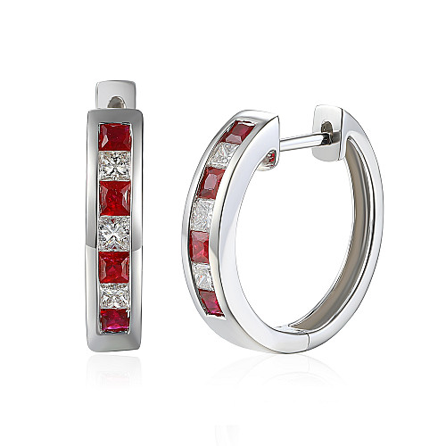 Channel Set Princess Cut Ruby & Diamond Hoop Earrings