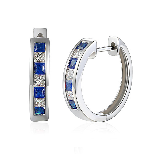 Channel Set Princess Cut Sapphire & Diamond Hoop Earrings