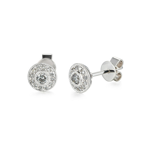 Micro Set Round Brilliant Cut Diamond Milgrain Halo Cluster Earrings