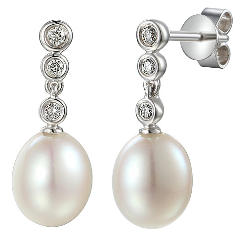 Claw Set Oval Pearl With Rubover Set Round Brilliant Cut Diamond Drop Earrings
