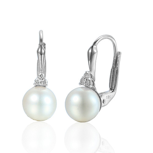 Round Pearl With Claw Set Trefoil Round Brilliant Cut Diamond Hoop Earrings