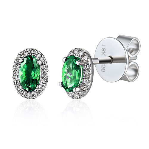 Claw Set Oval Cut Emerald With Micro Set Diamond Halo Earrings