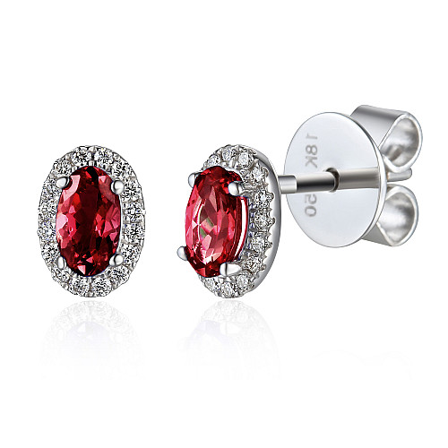 Claw Set Oval Cut Ruby With Micro Set Diamond Halo Earrings