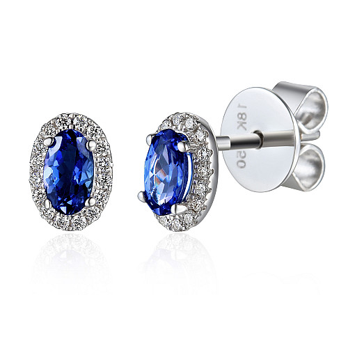 Claw Set Oval Cut Blue Sapphire With Micro Set Diamond Halo Earrings