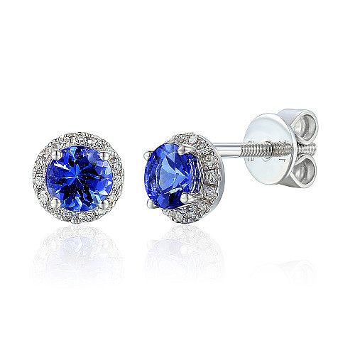 Claw Set Round Brilliant Cut Tanzanite And Diamond Halo Earrings