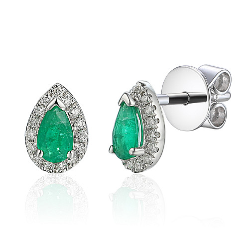 Claw Set Pear Shape Emerald With Micro Set Diamond Halo Earrings