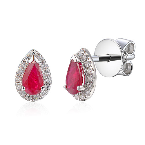 Claw Set Pear Shape Ruby With Micro Set Diamond Halo Earrings